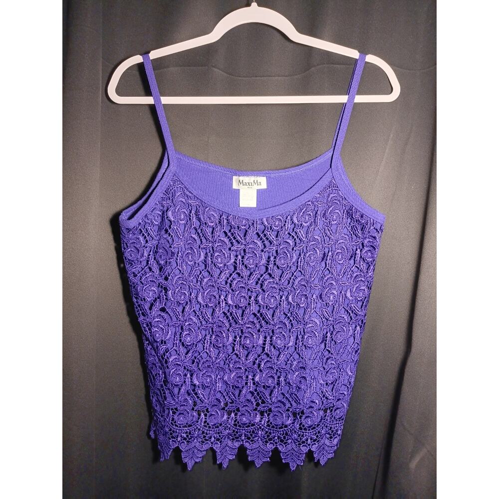 VTG Y2K Cami Crop Top XL Purple Ribbed Floral Crochet Lace Festival Rave Boho US